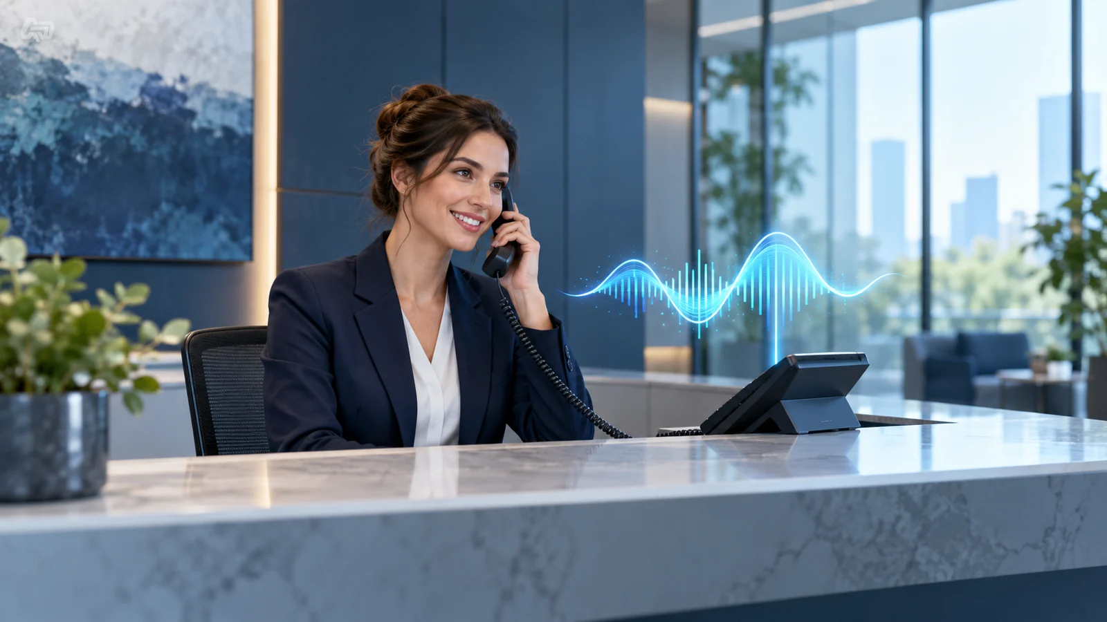 A receptionist beside an illustrated speech waveform and business phone.