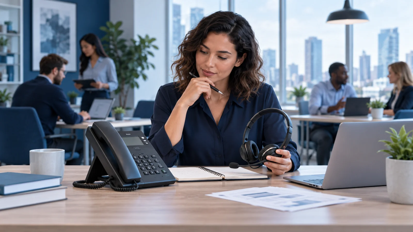 An office manager evaluating a desk phone and headset for business calling.