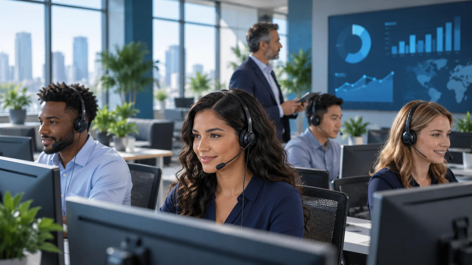 A customer service team using headsets while a supervisor reviews activity.