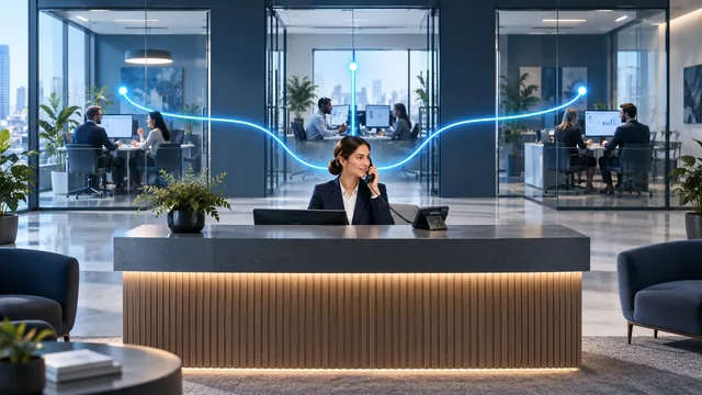 Office reception with illustrated call routes to three service teams.