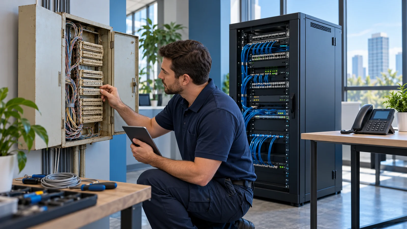 A technician reviewing older telephone wiring alongside modern network equipment.
