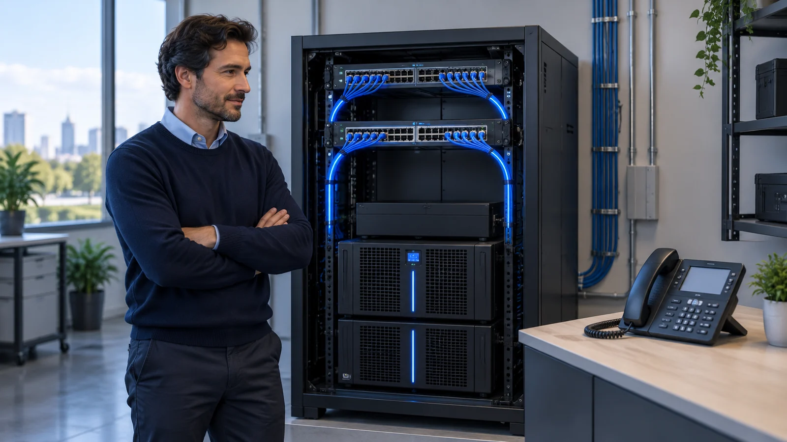 An engineer beside network and backup power equipment with a business phone.