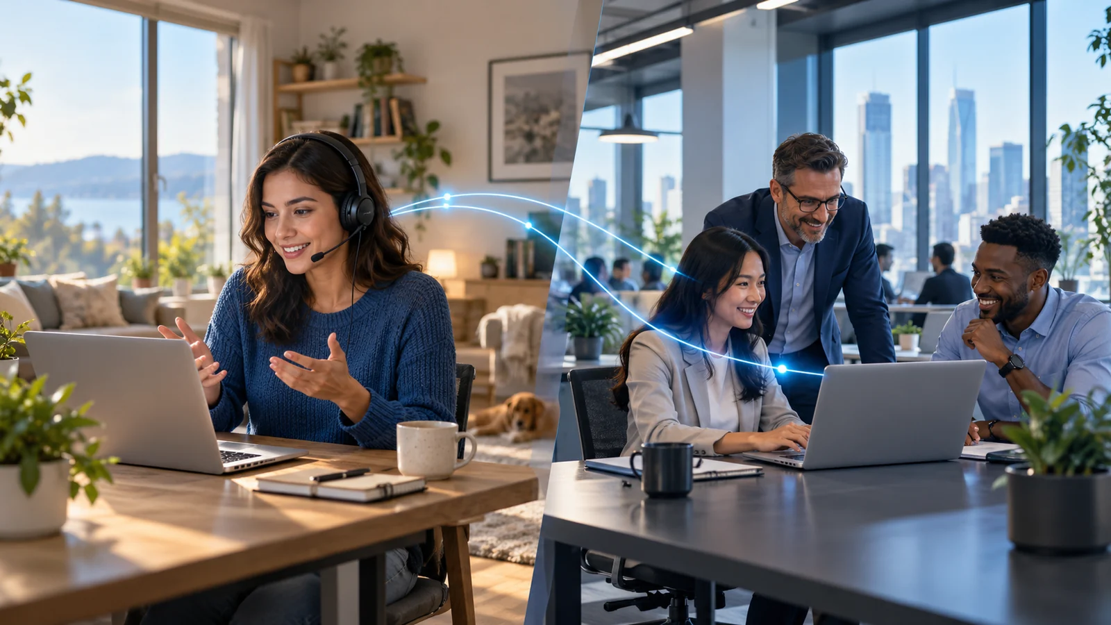 A home worker and office team connected through an illustrated communications path.