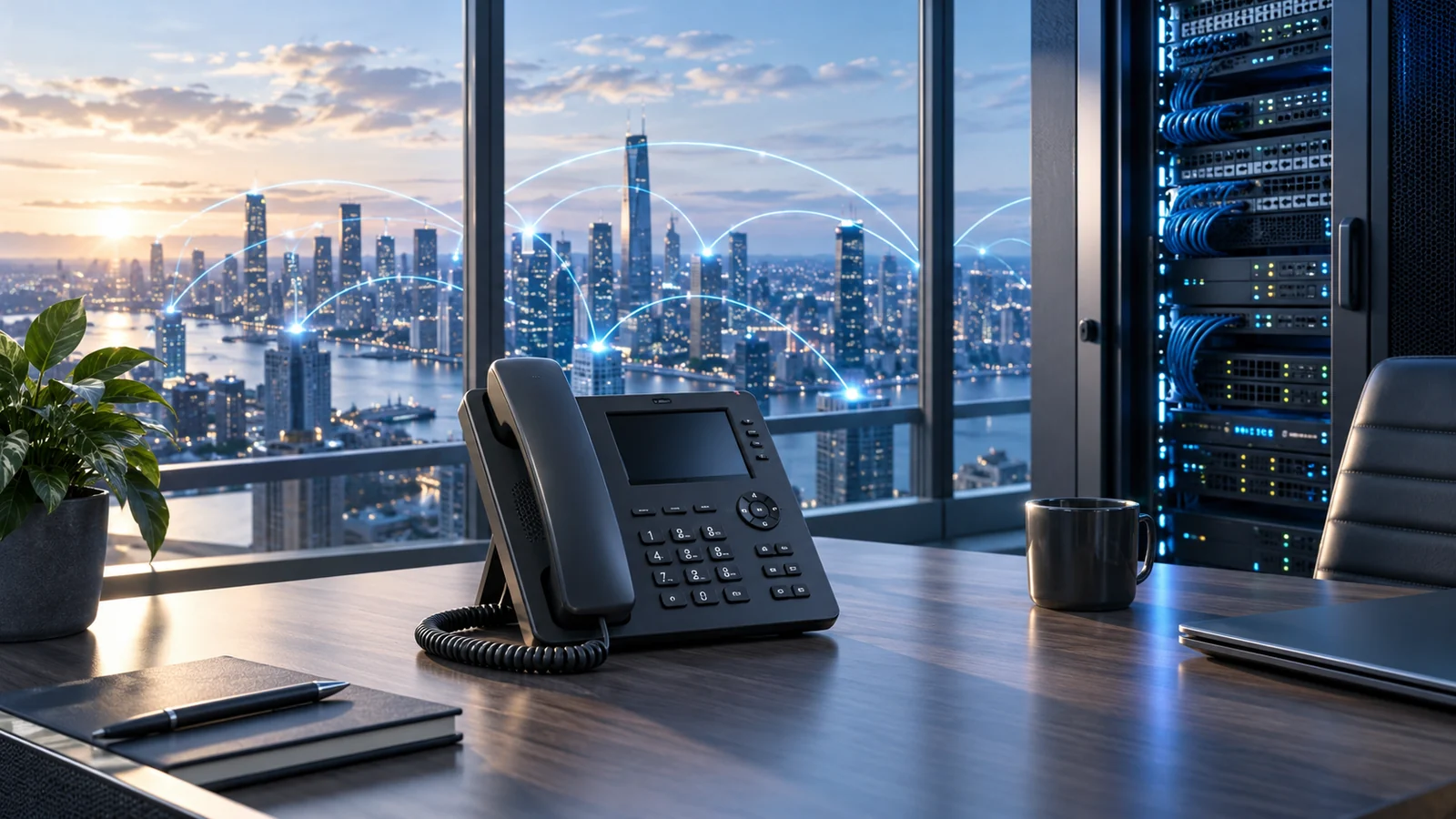 A desk phone, network cabinet and illustrated carrier connections across a city.