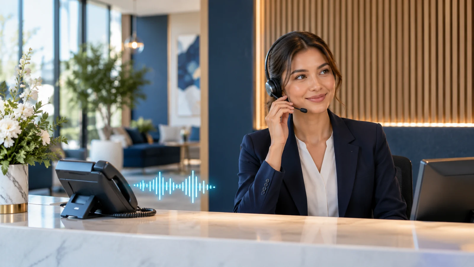Illustration of a receptionist with a business phone and an AI conversation waveform