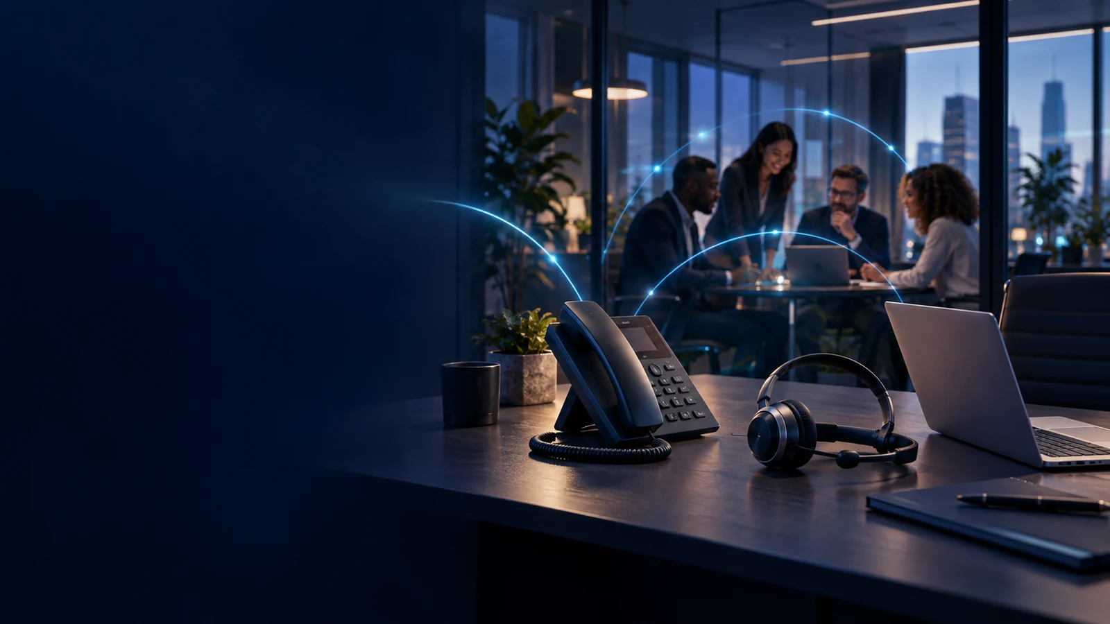 Conceptual business workspace connecting desk-phone calling and team collaboration