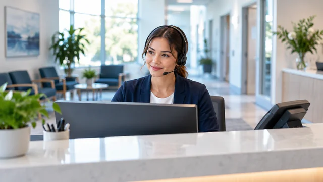 Conceptual clinic receptionist handling an enquiry