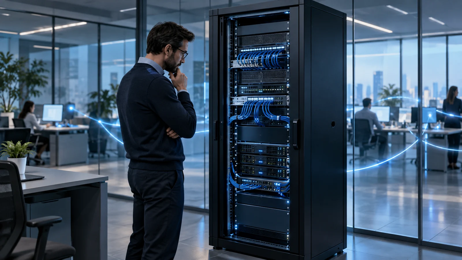 Conceptual IT professional reviewing communications infrastructure