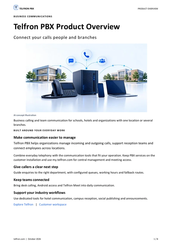 Cover of the Telfron PBX product overview with an illustration of phones and connected offices